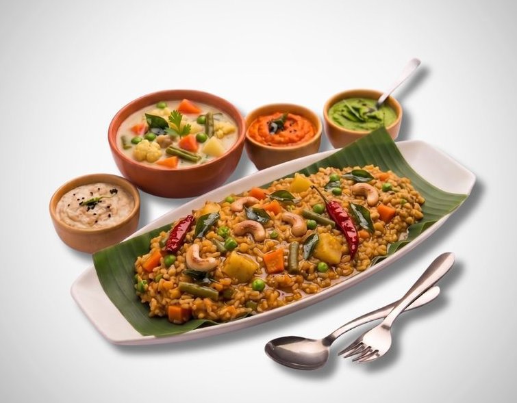 Bisibelebath served on a banana leaf with raita