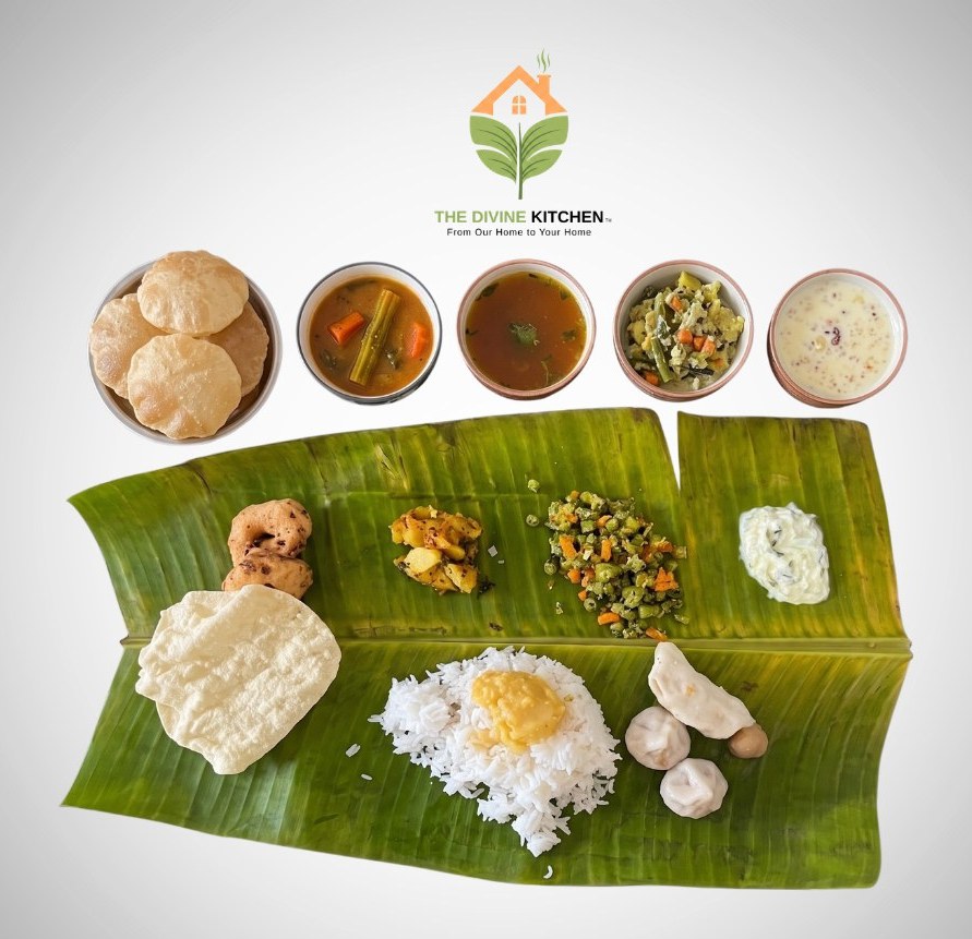 A freshly prepared South Indian vegetarian thali from The Divine Kitchen