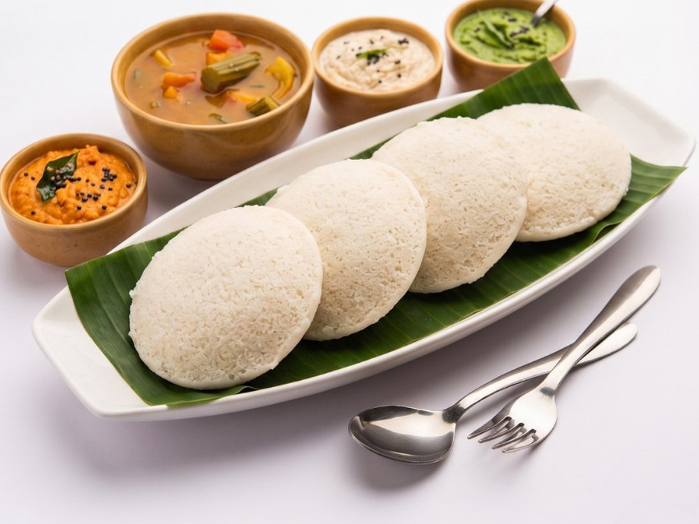 Soft idly served with chutney and sambar